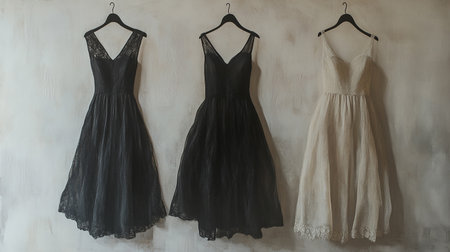 Black evening dress hanging on a hanger on the wall in the roomの素材