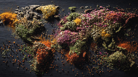 Various kinds of spices on a black slate background. Top view.の素材