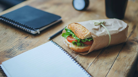 Sandwich with fresh vegetables on paper bag and notebook on wooden table.の素材