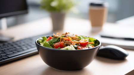 Close up of a bowl of salad on a table in a modern officeの素材