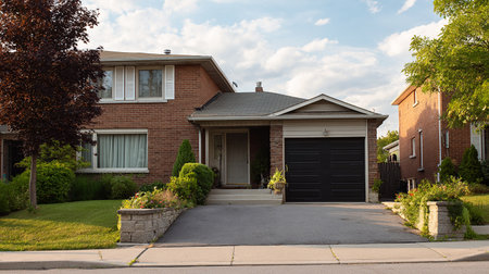 Beautiful modern house exterior with front door and garage. Nobody insideの素材