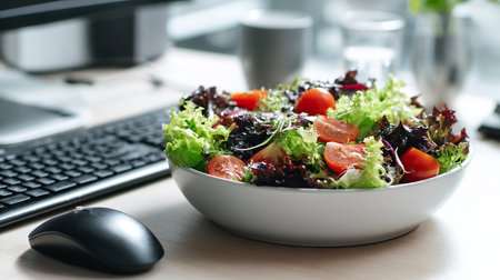 salad in a bowl on a table with a computer keyboard and mouseの素材