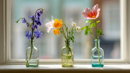 Spring flowers in a vase on the windowsill. Spring backgroundの素材