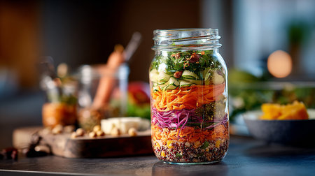 Healthy salad with quinoa, vegetables and greens in a jarの素材