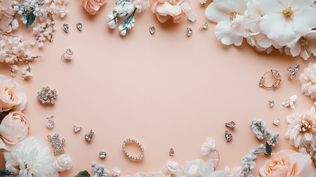 Wedding background with flowers and jewelry. Flat lay, top view.の素材