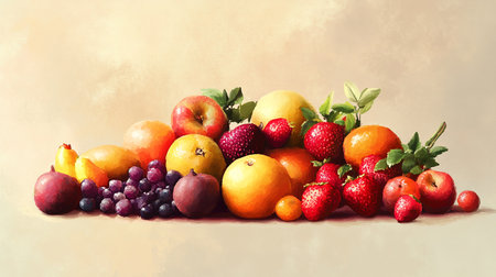 Fruit background with strawberries, oranges, grapefruits and applesの素材