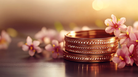 Beautiful wedding rings with sakura flowers on wooden table, closeupの素材