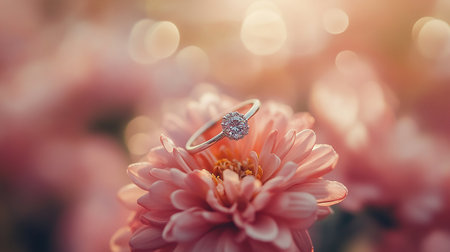 wedding rings on a pink chrysanthemum flowerの素材