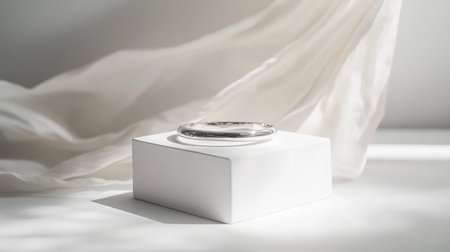 White box with silver ring on a white background with white fabric.の素材