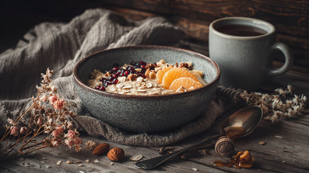 Oatmeal with pomegranate and orange in a ceramic bowlの素材