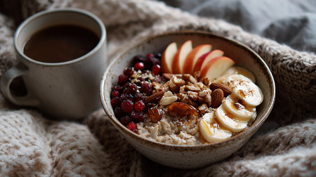 Healthy breakfast with oatmeal, berries, nuts and coffee, selective focusの素材