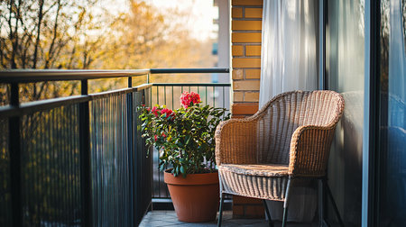 Wicker chair on the terrace of a cafe with flowers.の素材