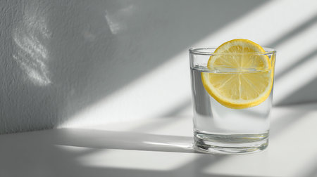 Glass of water with lemon on white table and white wall background.の素材