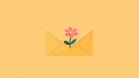 Flower in envelope on yellow background. Flat lay, top view.の素材