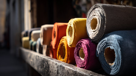 Rolls of multicolored fabric in a textile shop. Selective focus.の素材