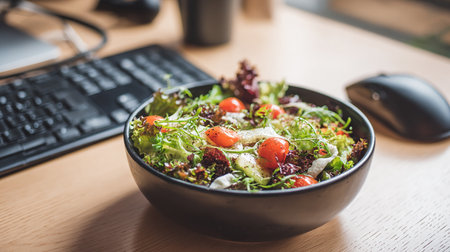 Fresh salad with cherry tomatoes and mozzarella cheese in black bowlの素材