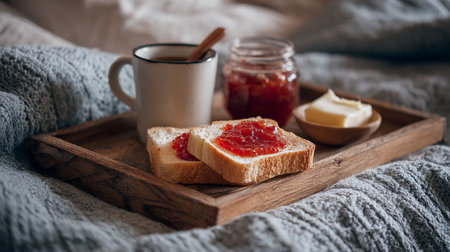 Breakfast in bed. Coffee, jam and toast on a tray.の素材