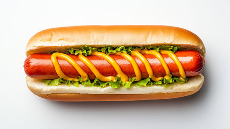 Hot dog with mustard and lettuce on a white background. Fast food.の素材