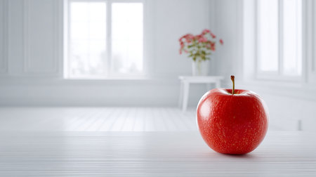 Red apple on white wooden table in white room, 3d renderの素材