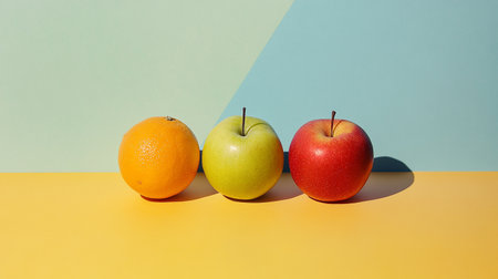 Three apples and oranges on a blue and yellow background. Minimal style.の素材