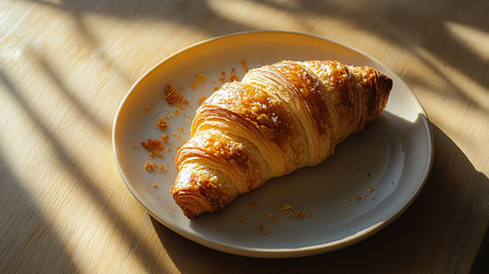 Croissant in a white plate on a wooden table in sunlightの素材