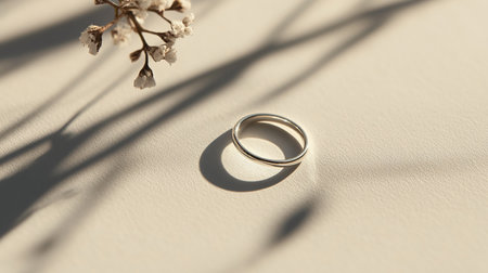 wedding rings on a white background with shadow of the plantの素材