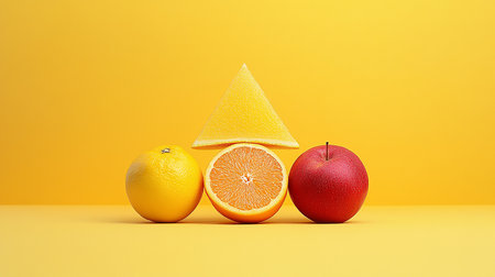 Fruit composition on yellow background. Orange, grapefruit and pomeloの素材