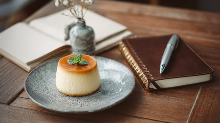 Creamy caramel pudding with mint leaf and notebook on wooden tableの素材