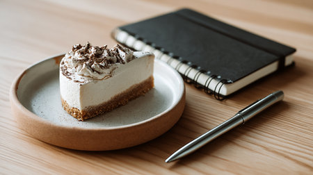 Coffee cake with notebook and pen on wood table, stock photoの素材