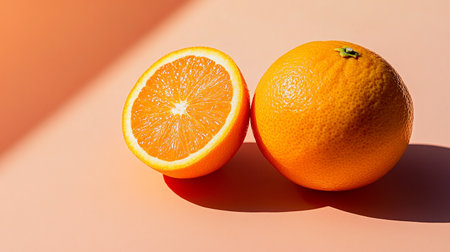 Two halves of an orange on a colored background. Close-up.の素材