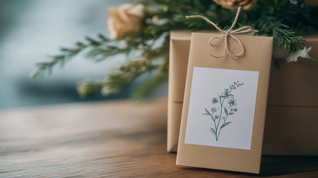 Gift box with greeting card on wooden table, selective focus.の素材
