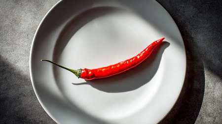 Red hot chili pepper on a white plate. On a dark background.の素材