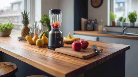 Blender with fruits on the wooden table in the modern kitchen.の素材
