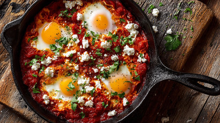 Shakshuka with egg and tomato sauce in a cast iron skilletの素材