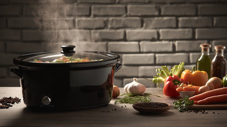Cooking pot with vegetables and spices on table against brick wall backgroundの素材