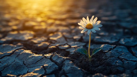 Chamomile flower growing on cracked earth. Global warming conceptの素材