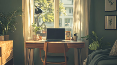 Laptop on a desk in a home office. 3d renderingの素材