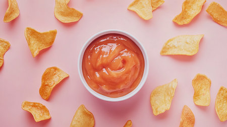 Potato chips with ketchup on pink background. Top view.の素材
