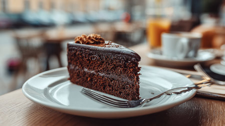 Chocolate cake on a white plate on a wooden table in a cafeの素材