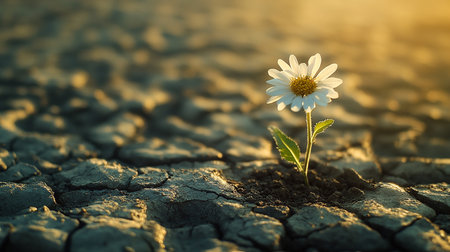 Chamomile flower growing on cracked earth. Concept of global warming.の素材