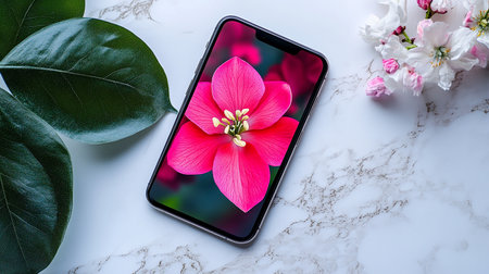 Smart phone with pink flower and green leavesle background. Top viewの素材