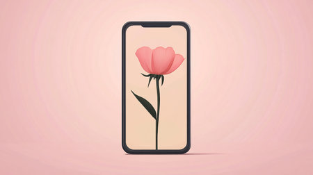 Smartphone with pink rose on a pink background. Vector illustration.の素材