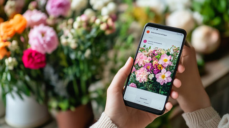 Woman hand holding iPhone X with floral shop website on screen.の素材