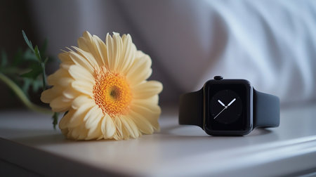 Smart watch and gerbera flower on the bed. Selective focus.の素材