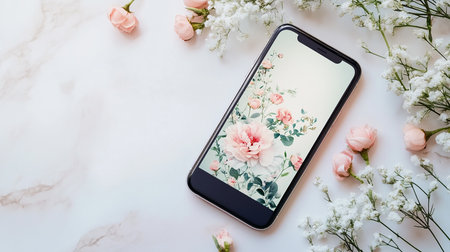 Smartphone with flowersle background. Flat lay, top viewの素材