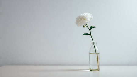 White flower in a glass bottle on the table and white wall backgroundの素材