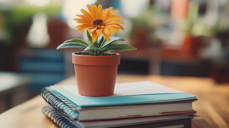 Calendula flower in a pot on a wooden table with notebookの素材