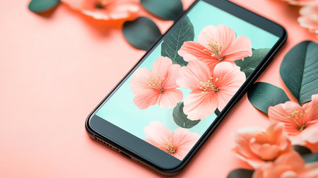 Smart phone with pink hibiscus flowers on pink background.の素材