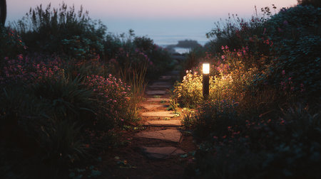 Lantern in the garden at sunset. The path to the sea.の素材
