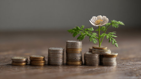 Coins stack and plant growing on wooden table, business growth conceptの素材